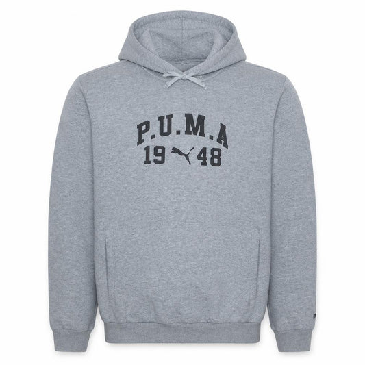 Front view of Puma men’s grey pullover hoodie l sports logo fleece sweatshirt