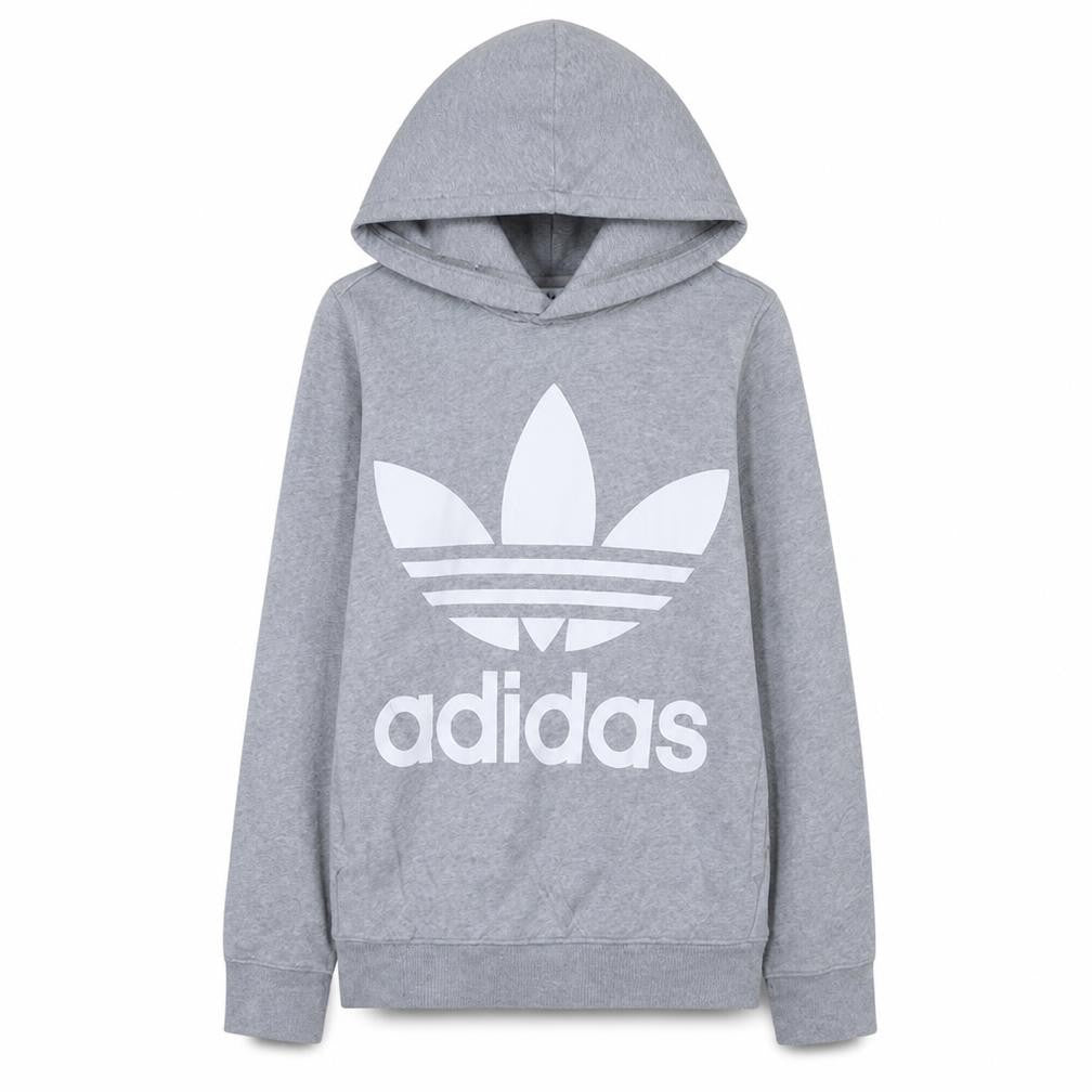 Front view of Adidas Women’s Grey Pullover Hoodie, size UK 8, Logo Print Sweatshirt