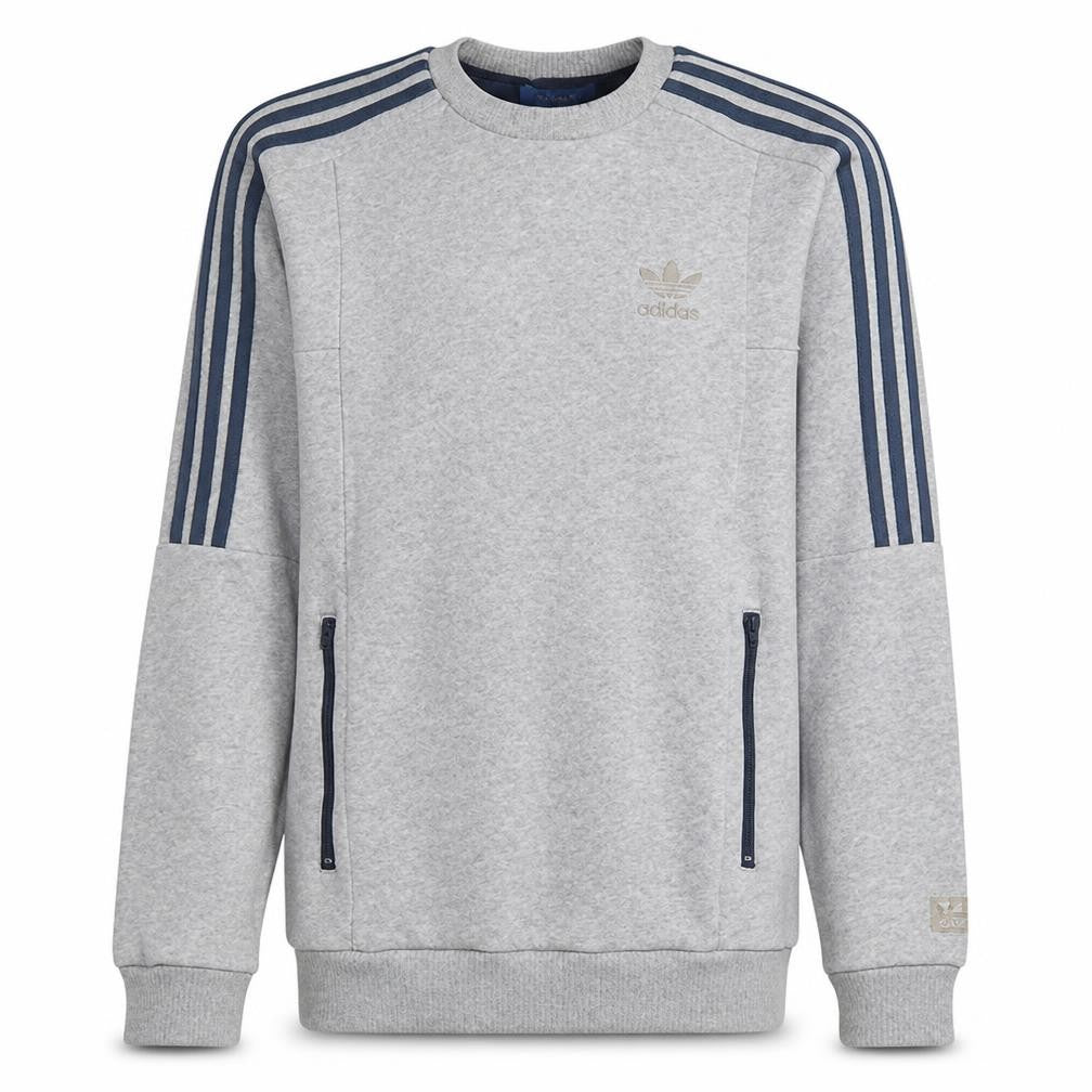 Front view of Adidas Men's Grey Pullover Sweatshirt S Crew Neck Zip Pockets Sports