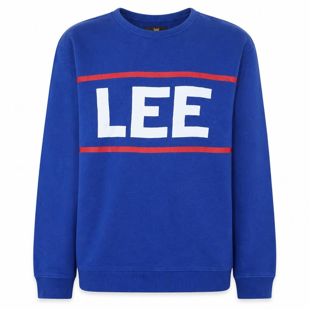 Front view of Lee Men's Blue Crew Neck Logo Pullover Sweatshirt M