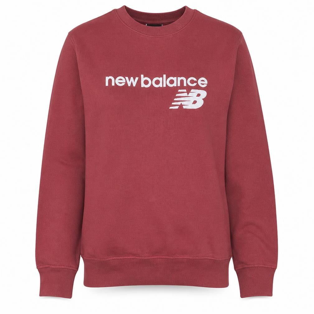 Front view of New Balance Women’s Red Crew Neck Sweatshirt, size M, Logo Print Pullover