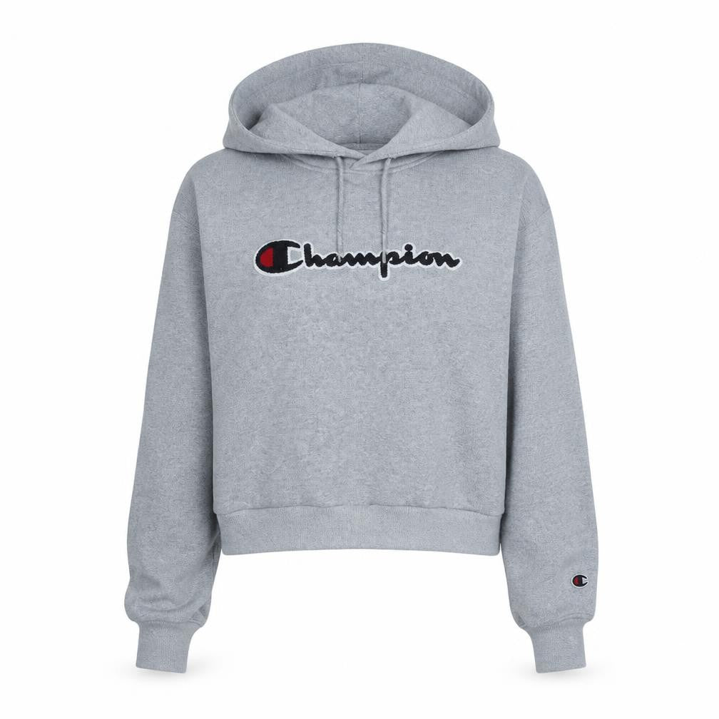 Front view of Champion Women's Grey XS Pullover Hoodie Sweatshirt Logo Cotton Blend