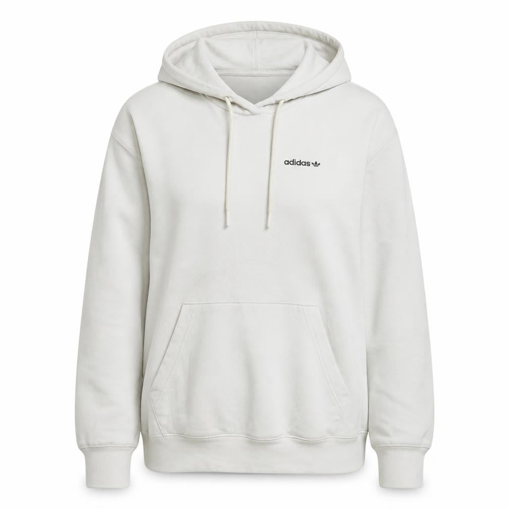 Front view of Adidas women’s white hoodie, size UK 8, pullover hooded sweatshirt
