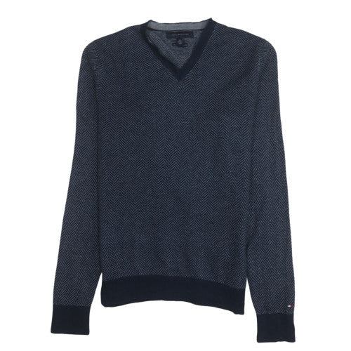 Tommy Hilfiger Men's Blue V-Neck Herringbone Cotton Jumper S