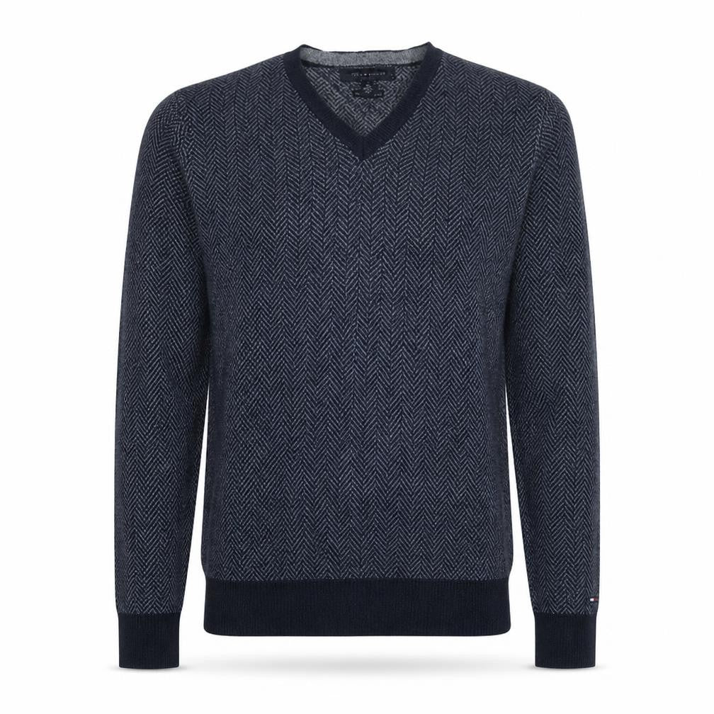 Front view of Tommy Hilfiger Men's Blue V-Neck Herringbone Cotton Jumper S