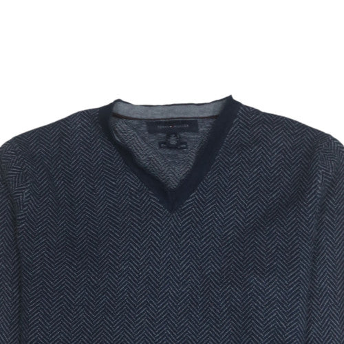 Tommy Hilfiger Men's Blue V-Neck Herringbone Cotton Jumper S