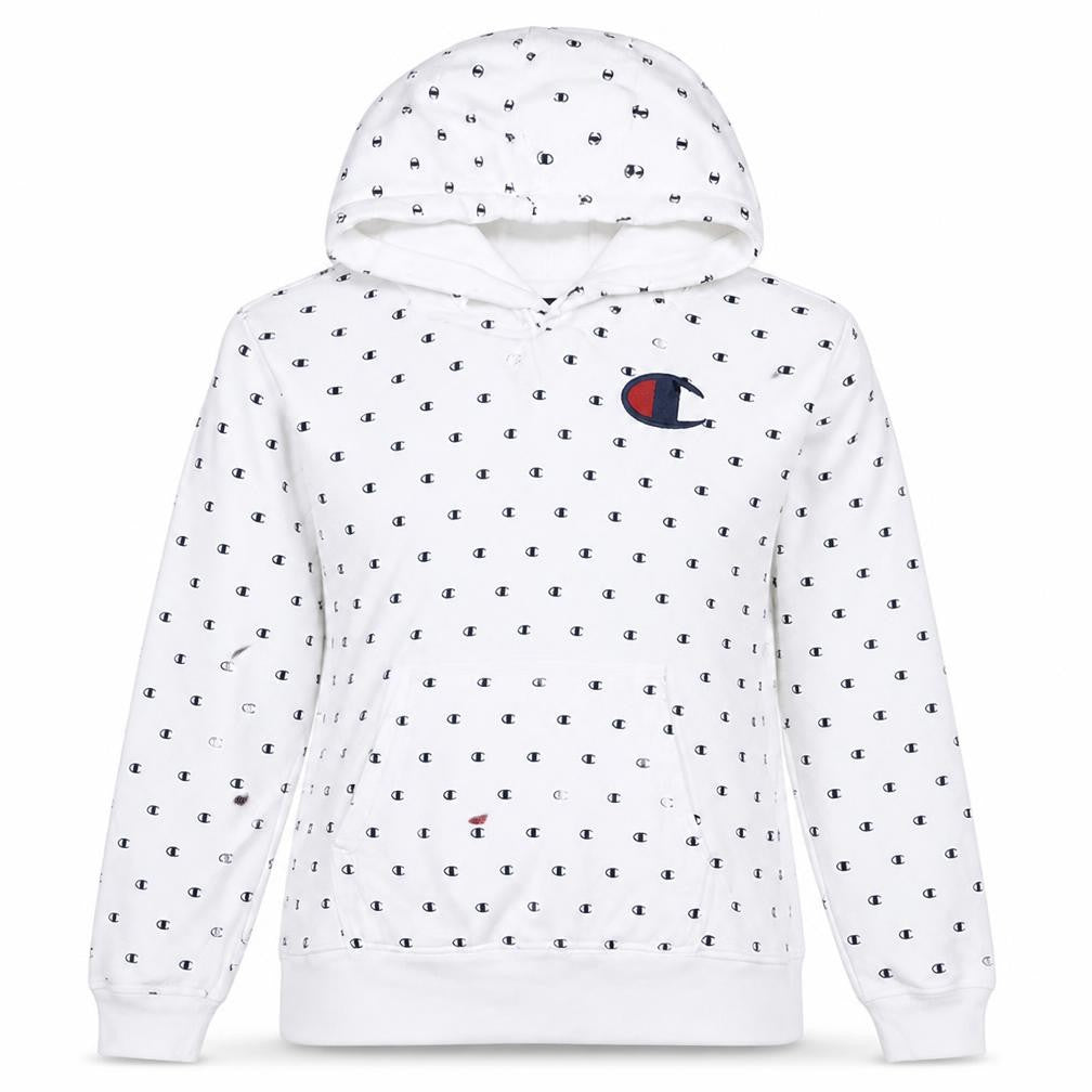 Front view of Champion women’s white small pullover hoodie with logo print