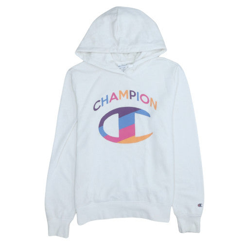 Champion Women White Hoodie Medium Pullover Cotton Blend Logo Print
