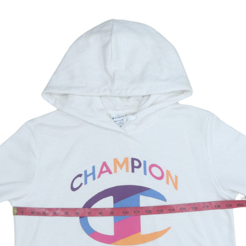 Champion Women White Hoodie Medium Pullover Cotton Blend Logo Print