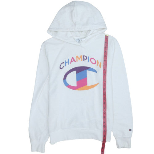 Champion Women White Hoodie Medium Pullover Cotton Blend Logo Print