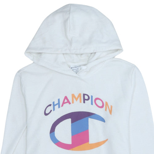 Champion Women White Hoodie Medium Pullover Cotton Blend Logo Print