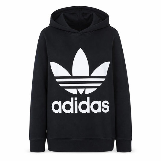 Front view of Adidas women’s black hooded pullover sweatshirt, size UK 12, logo print