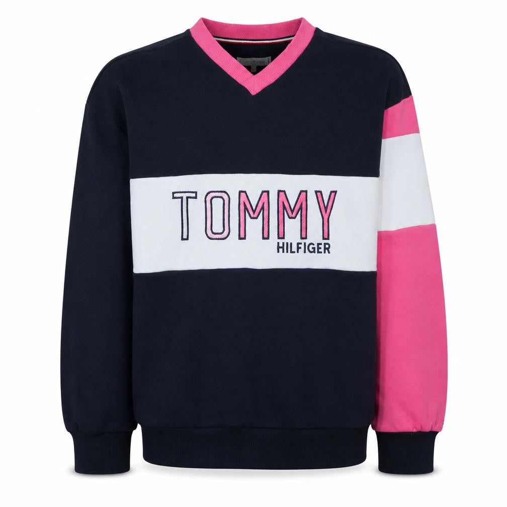 Front view of Tommy Hilfiger girls’ multicoloured v-neck pullover sweatshirt 11-12 years