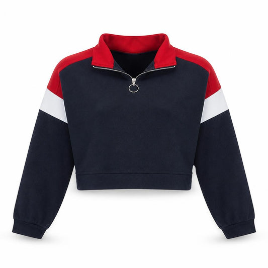 Front view of H&M Divided women’s navy red 1/4 zip cropped sweatshirt, size UK 12