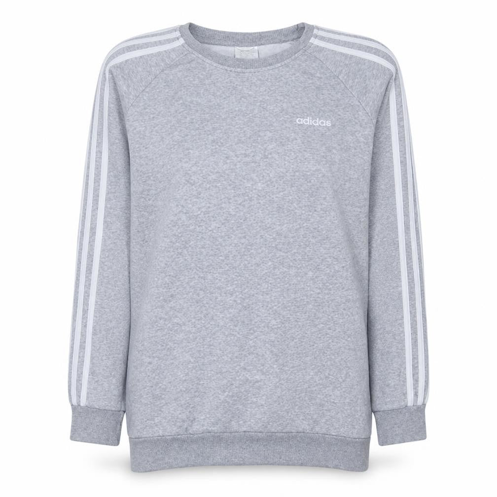 Front view of Adidas women’s grey crew neck sweatshirt, size UK 8-10, cotton blend