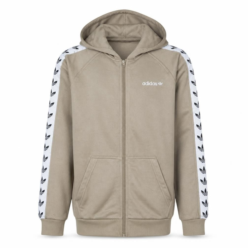 Front view of Adidas Men's Beige Full Zip Hooded Sweatshirt, size M