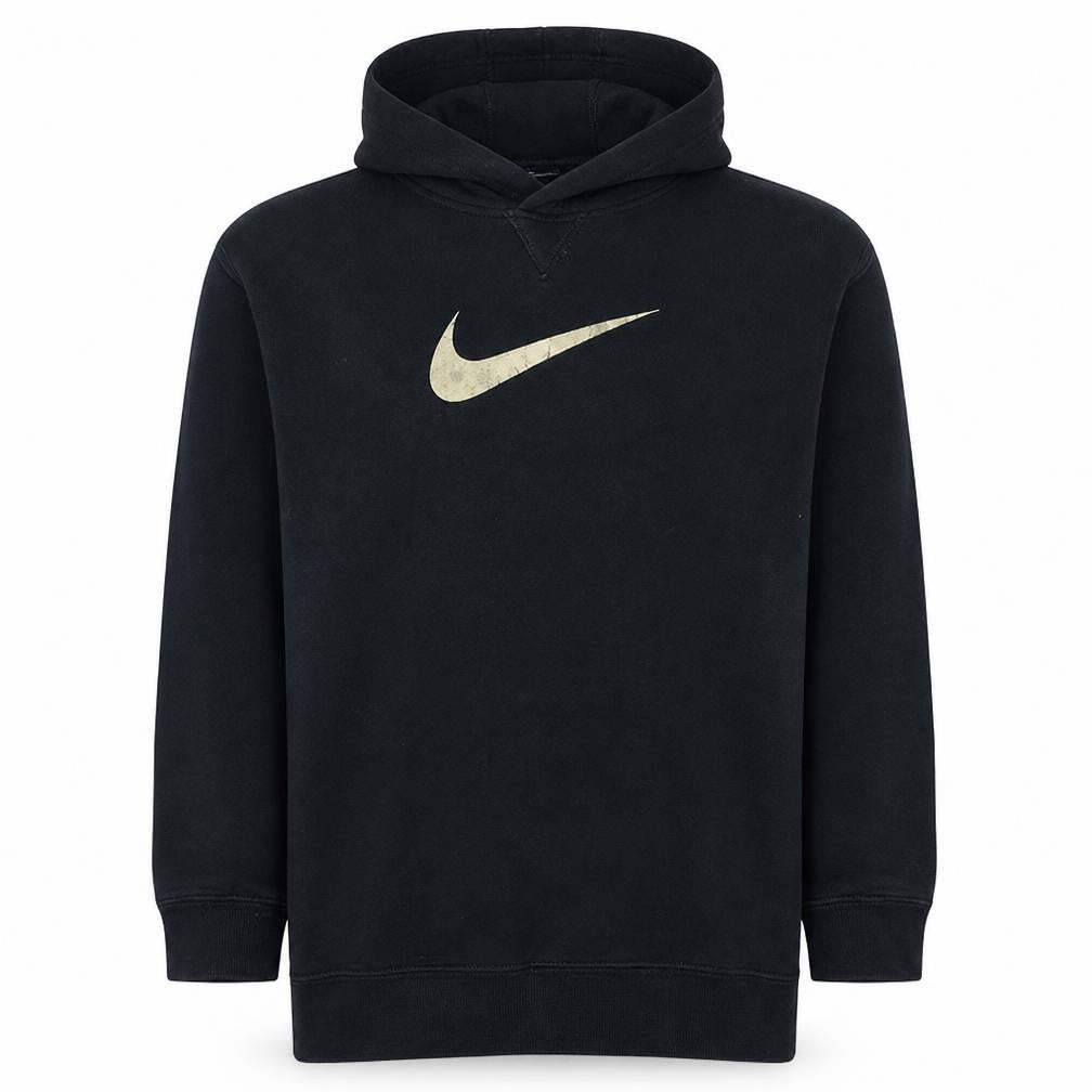 Front view of Nike Men's Black S Pullover Fleece Hoodie with Gold Logo