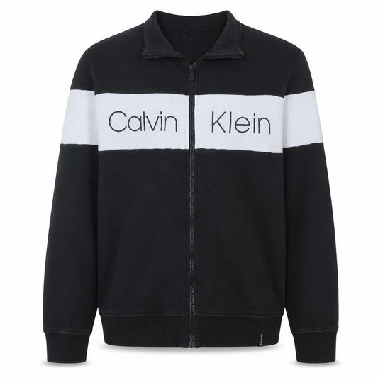 Front view of Calvin Klein Men’s Black Full Zip Track Jacket, size M, Cotton Blend