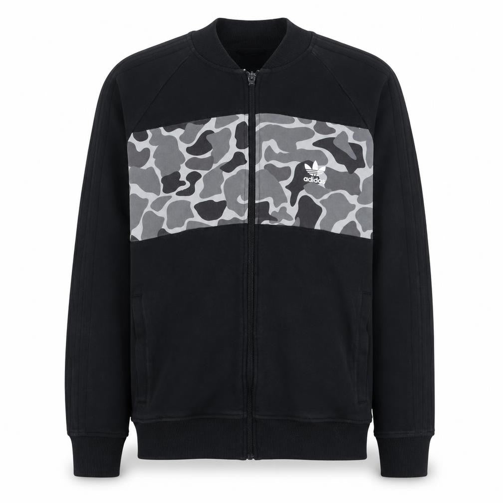 Front view of Adidas Men's Black Camo Full Zip Sweatshirt, size M