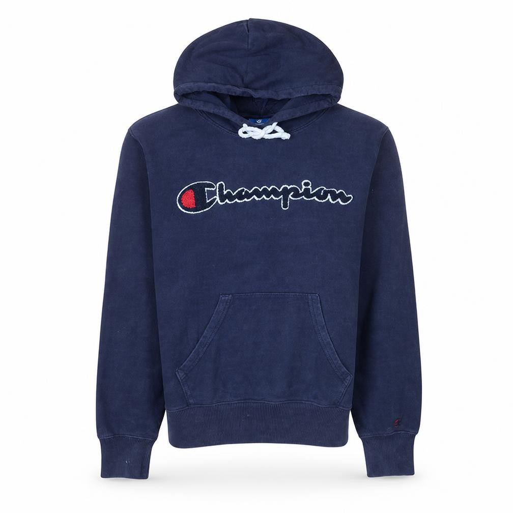Front view of Champion Women’s Navy Small Pullover Hoodie 100% Cotton Logo