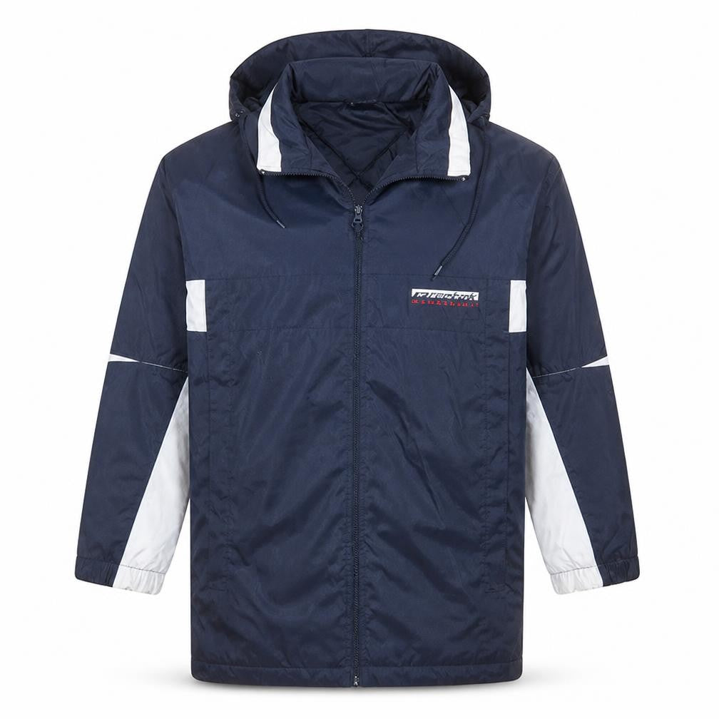 Front view of Reebok men’s navy 2xl hooded windbreaker jacket with full zip
