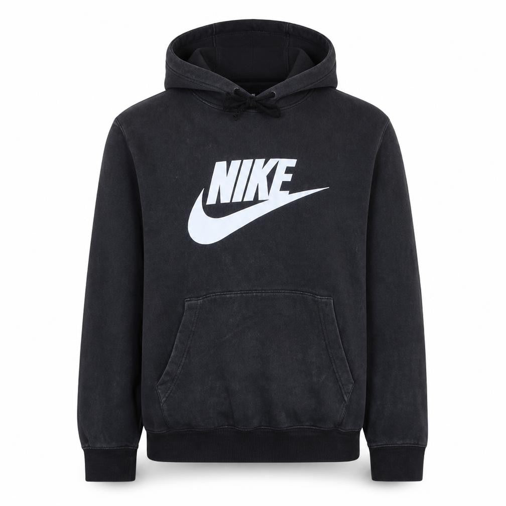 Front view of Nike men’s black medium pullover hoodie graphic logo sweatshirt