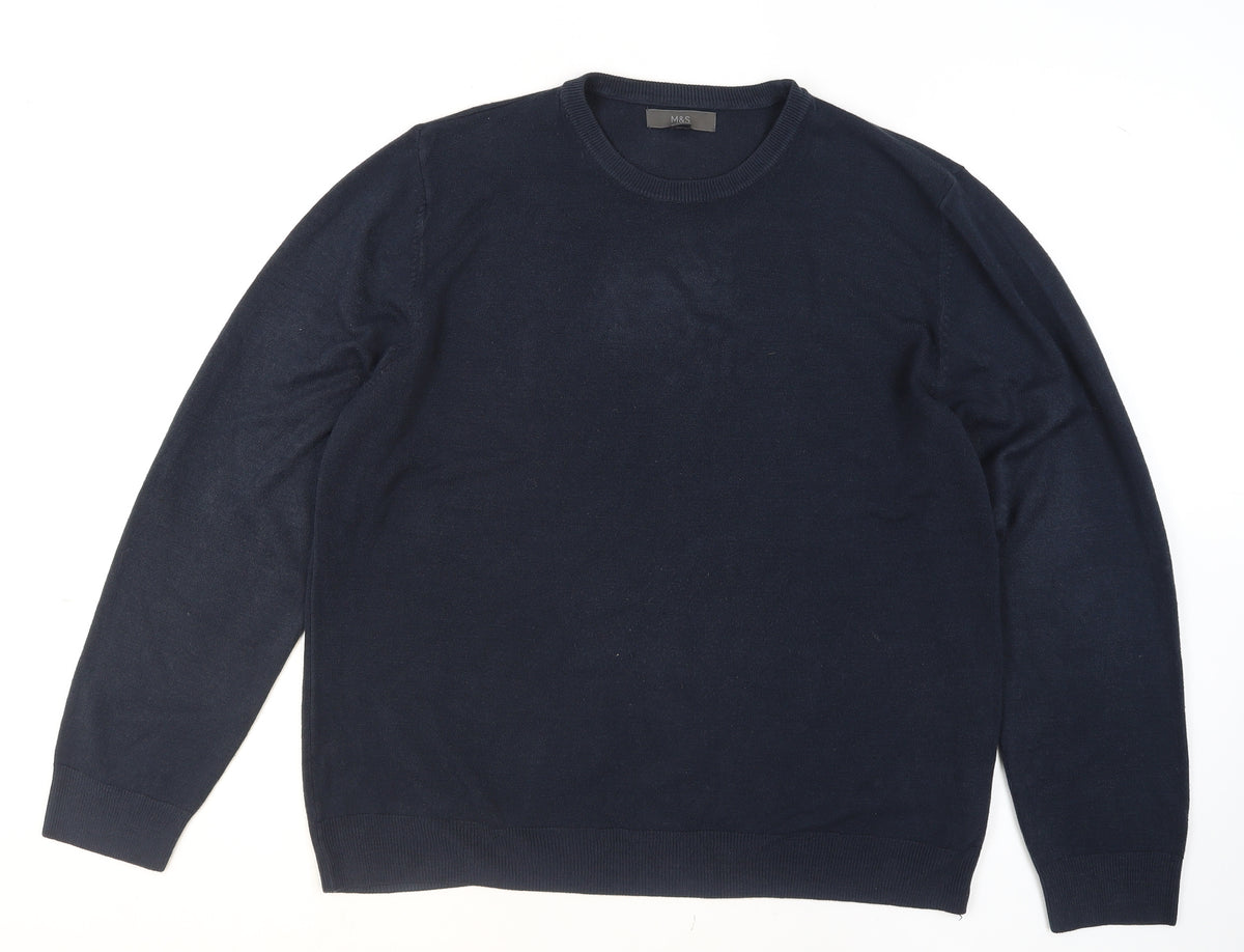 Marks and Spencer Men's Blue L Crew Neck Cotton Blend Jumper