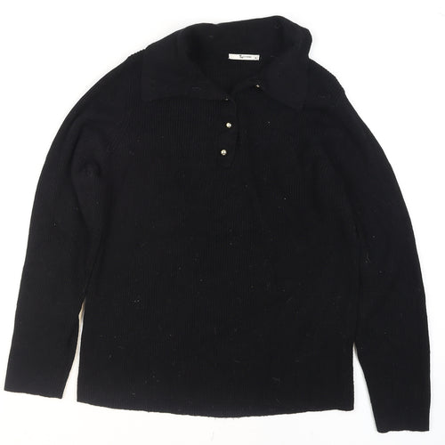 Tu Women Black Collared Henley Knit Jumper Size 16
