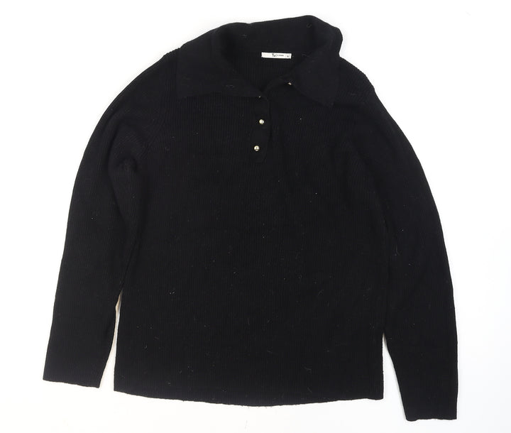 Tu Women Black Collared Henley Knit Jumper Size 16