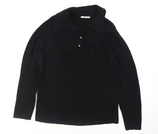 Tu Women Black Collared Henley Knit Jumper Size 16