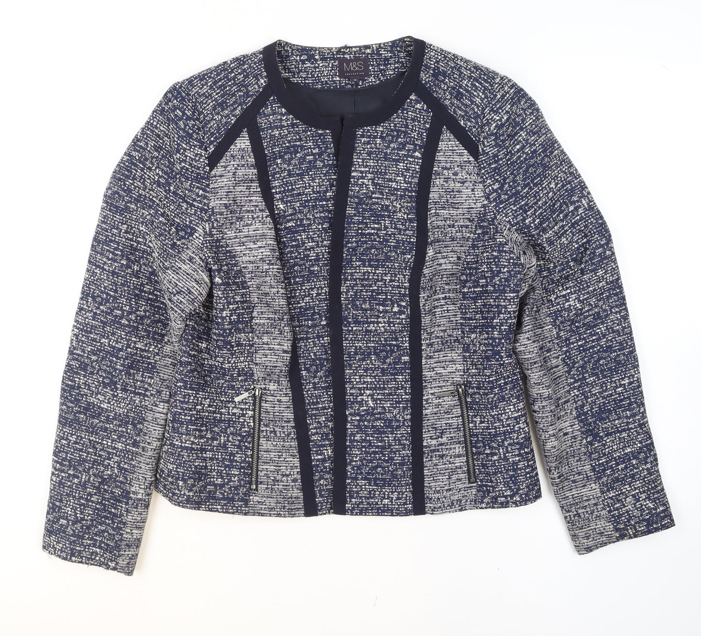 Marks and Spencer Women's Blue Tweed Collarless Blazer Size 16