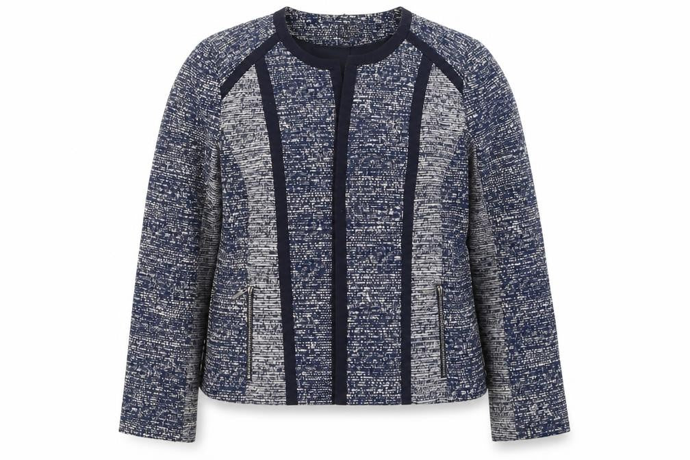 Front view of Marks & Spencer Women's Blue Tweed Collarless Blazer, size 16