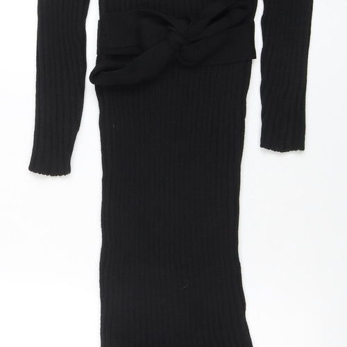 Boohoo Women’s Black Rib Knit Midi Bodycon Belted Dress M