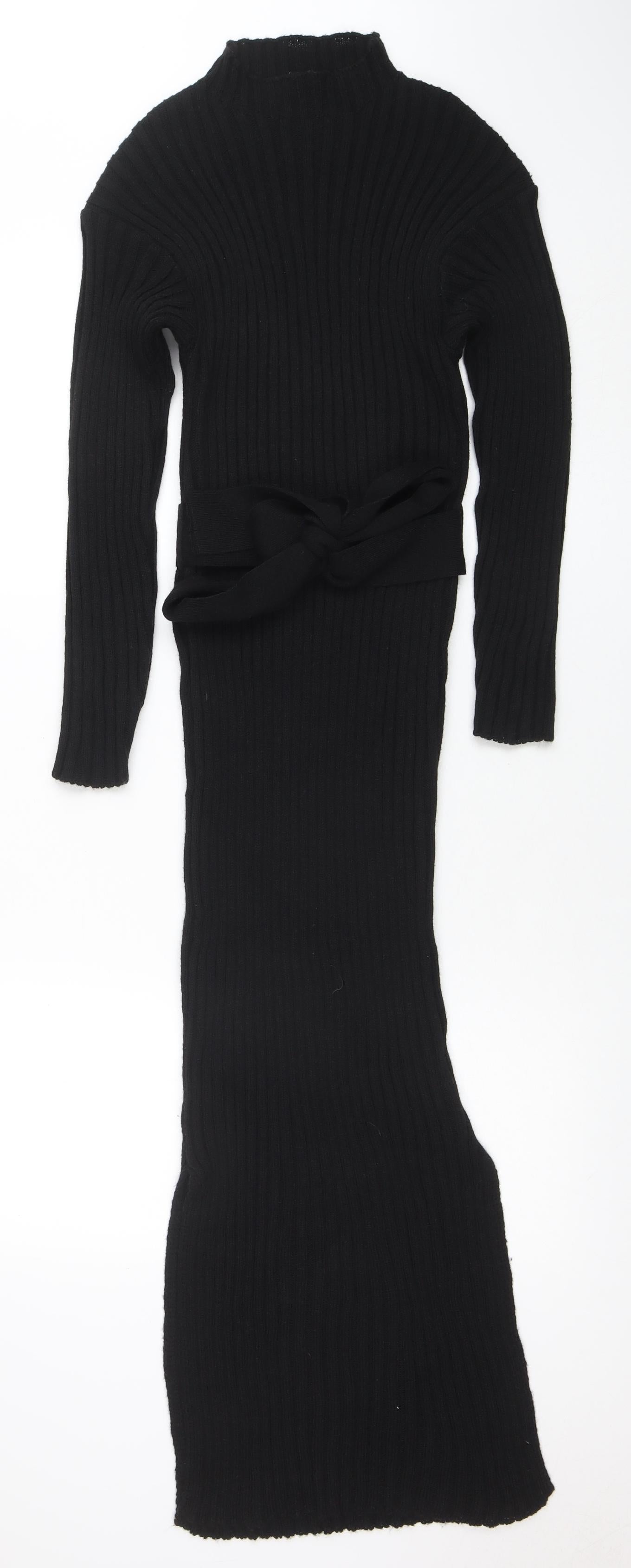 Boohoo Women’s Black Rib Knit Midi Bodycon Belted Dress M