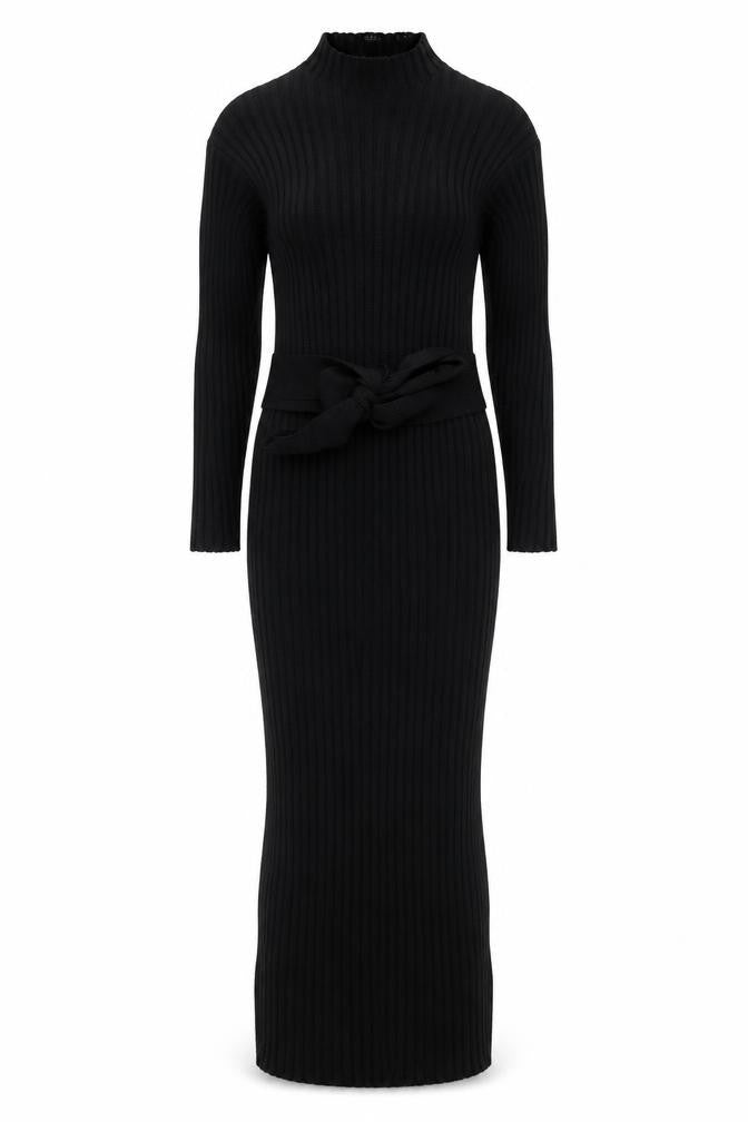 Boohoo Women’s Black Rib Knit Midi Bodycon Belted Dress M