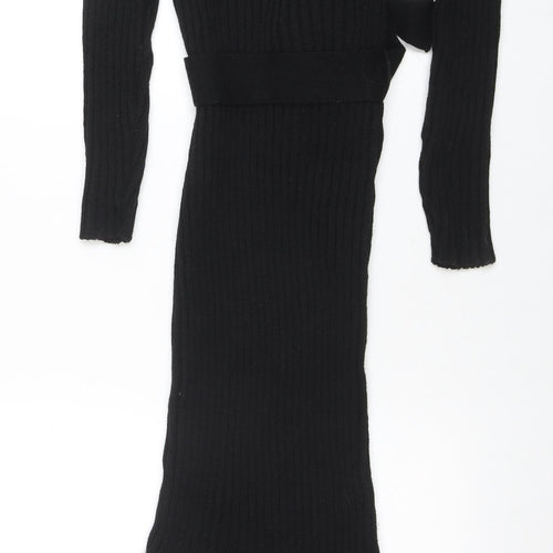 Boohoo Women’s Black Rib Knit Midi Bodycon Belted Dress M