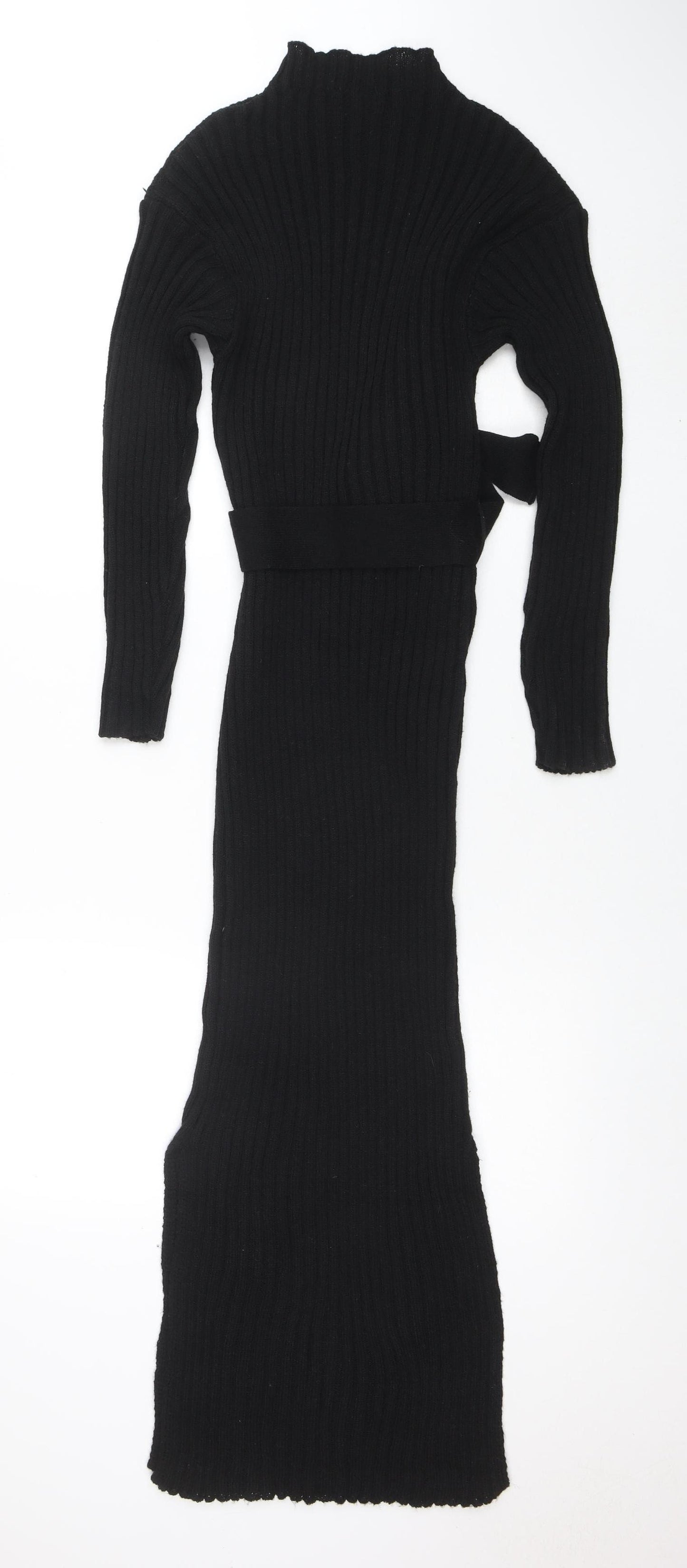 Boohoo Women’s Black Rib Knit Midi Bodycon Belted Dress M