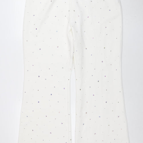 Rare London Women's White Rhinestone Wide-Leg Trousers Size 16