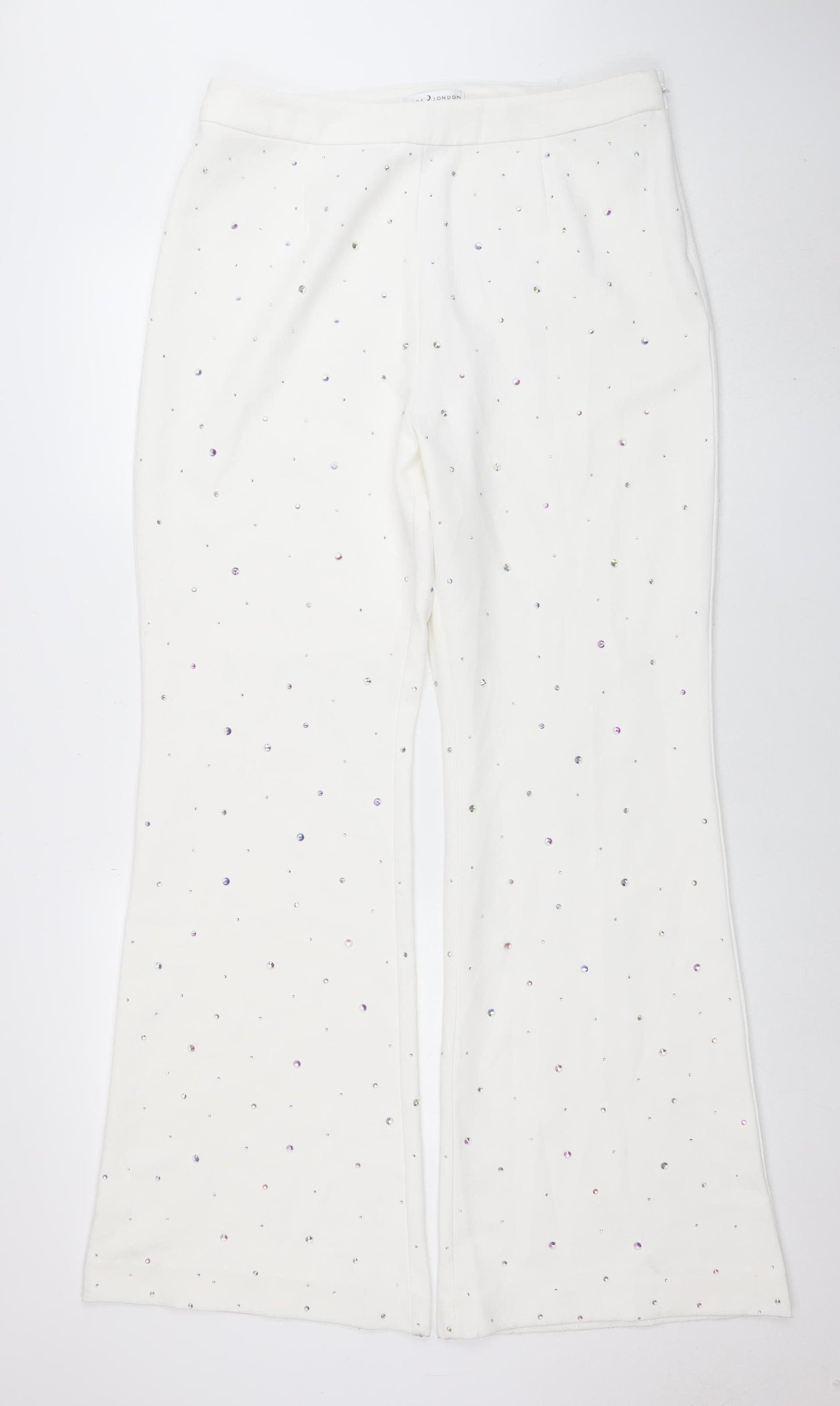 Rare London Women's White Rhinestone Wide-Leg Trousers Size 16