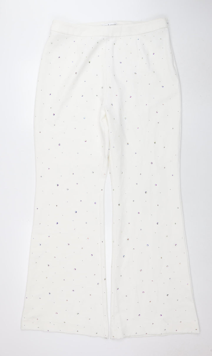 Rare London Women's White Rhinestone Wide-Leg Trousers Size 16
