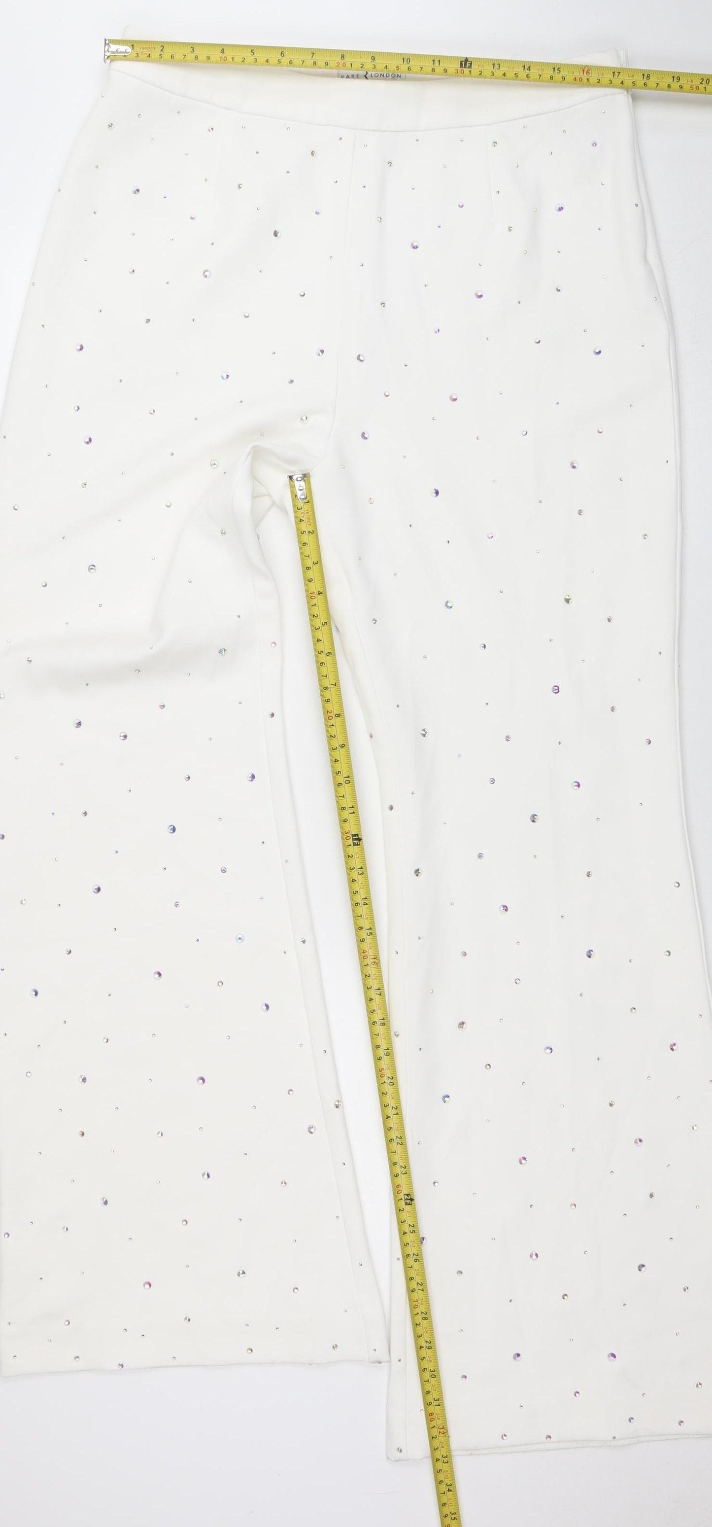 Rare London Women's White Rhinestone Wide-Leg Trousers Size 16