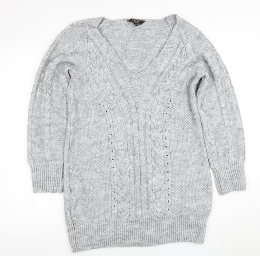 Lipsy Women Grey Cable-Knit V-Neck Jumper Size 10