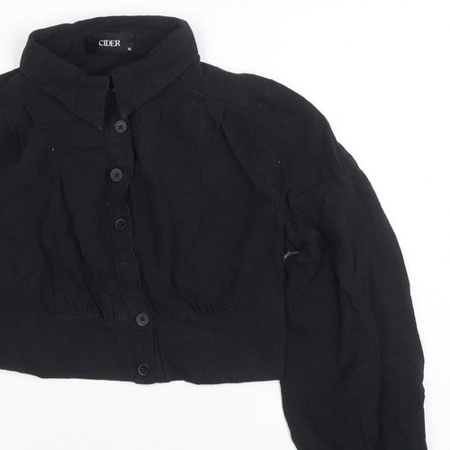 Cider Women Black Cropped Button-Up Long Sleeve Shirt XL