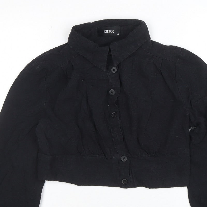 Cider Women Black Cropped Button-Up Long Sleeve Shirt XL