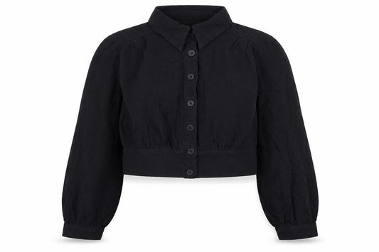 Front view of Cider Women Black Cropped Button-Up Long Sleeve Shirt XL