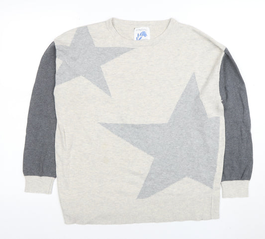 Woolovers Women Beige Star Pattern Crew Neck Wool Cotton Jumper Size 12