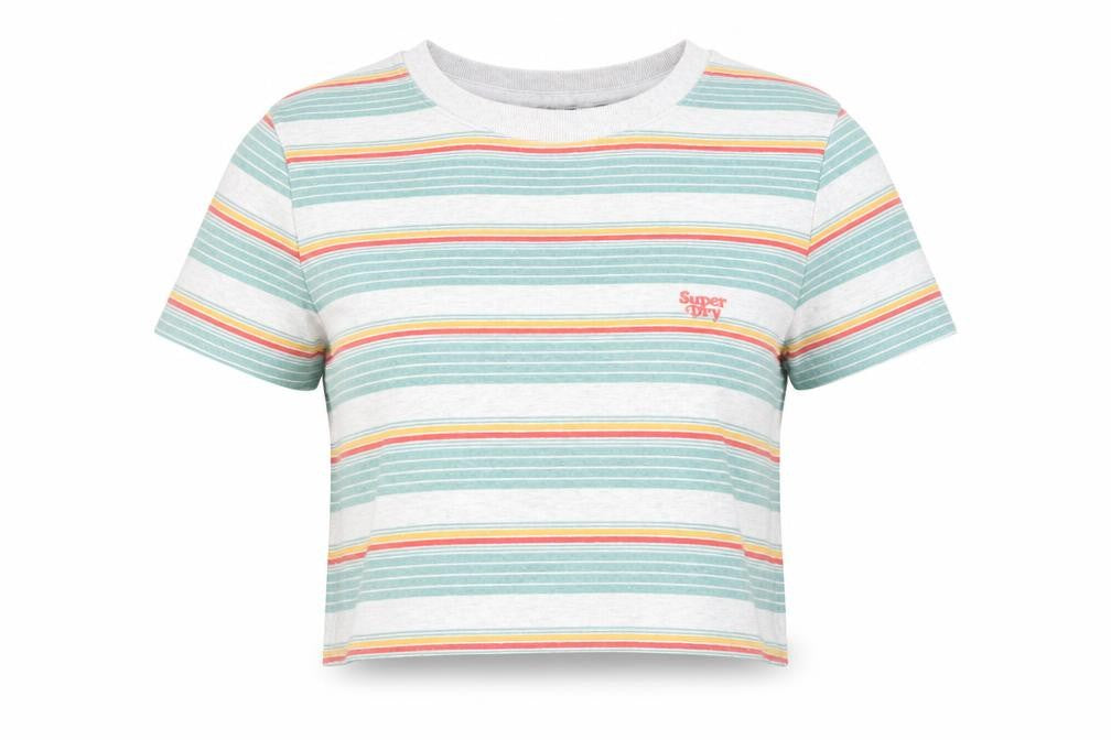 Front view of Superdry women’s multicoloured stripe cropped t-shirt uk 12