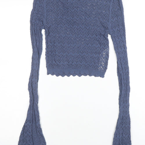 ZARA Womens Blue Crochet Knit Cropped Top Size S Long Sleeve