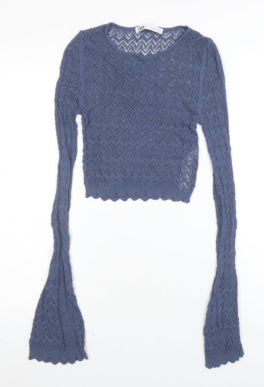 ZARA Womens Blue Crochet Knit Cropped Top Size S Long Sleeve