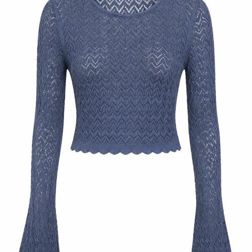 ZARA Womens Blue Crochet Knit Cropped Top Size S Long Sleeve